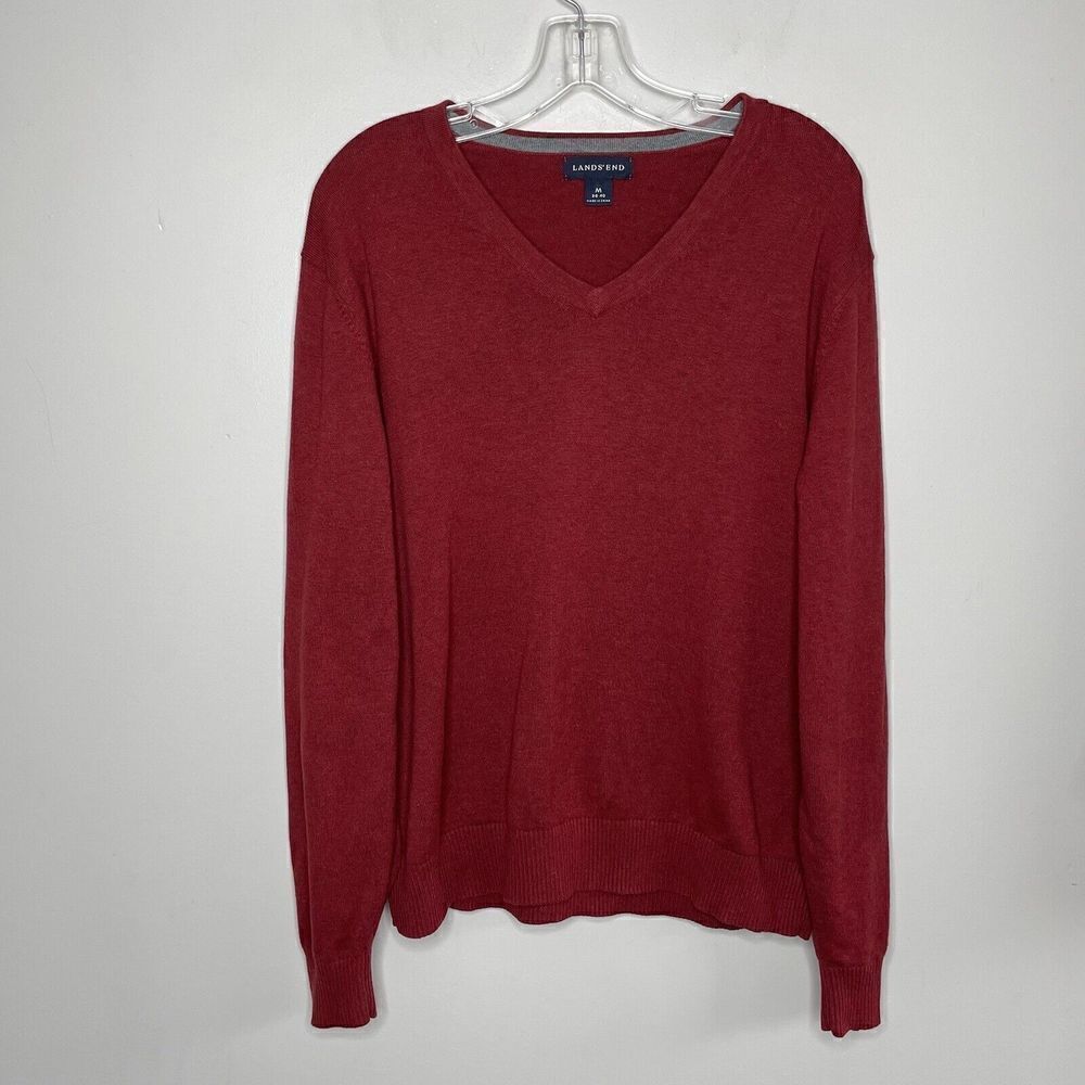 LANDS END Sweater Mens Medium 38-40 Red V-Neck Pullover 100% Cotton